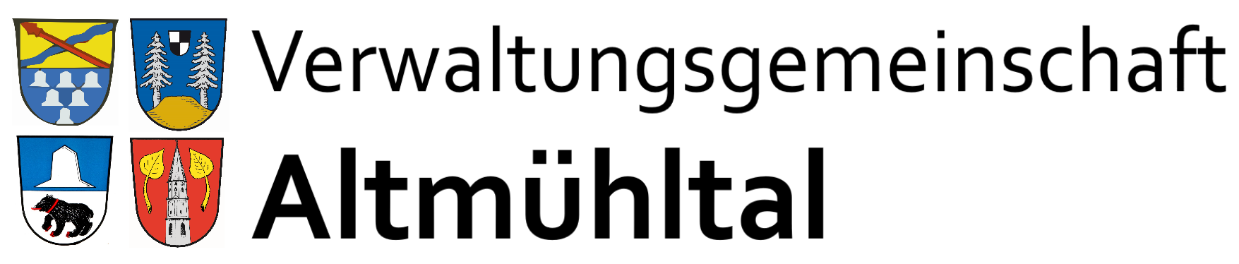 Schriftzug Verwaltungsgemeinschaft Altmühltal mit den vier Wappen der Mitgliedsgemeinden
